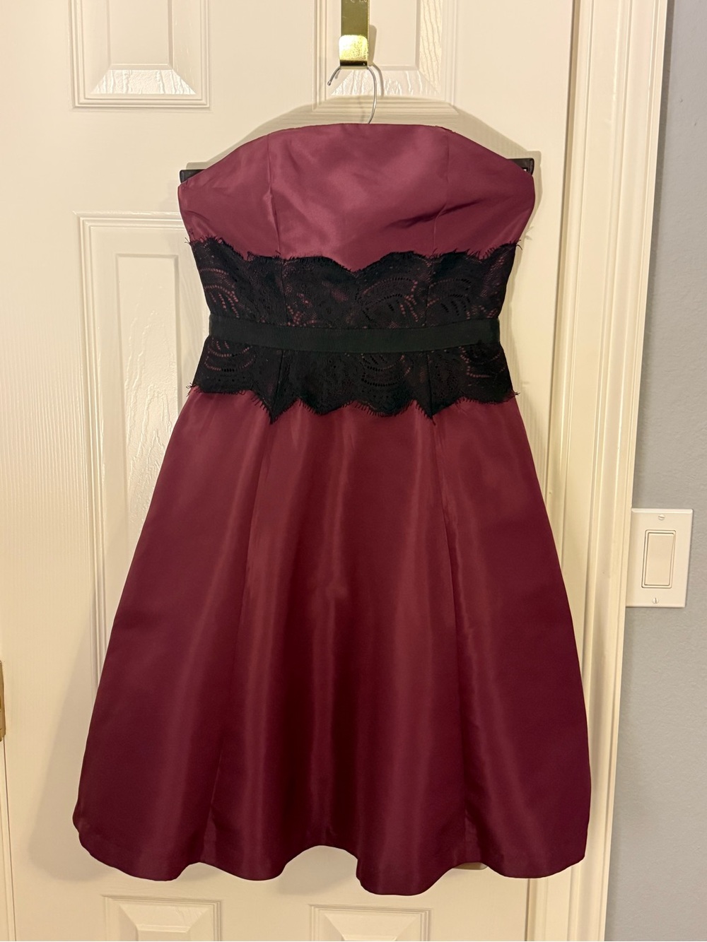Behnaz Sarafpour Wine Strapless Cocktail Dress with Black Lace Waistband